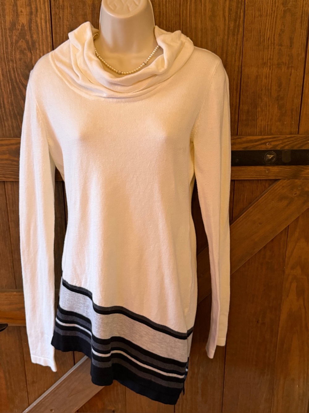 PattyBoutik Cream Cowl Neck Sweater with Black & Gray Stripes